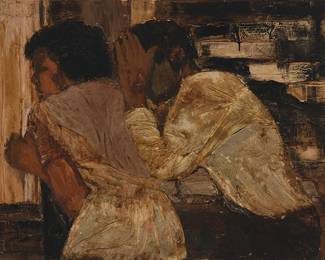 74
Marie Johnson-Calloway
1920-2018
"Birmingham - After Life Mag.," 1963
Oil and collaged fabric on canvas
Signed and dated lower left: Marie Johnson 63; titled verso; signed again and inscribed, then crossed out, on the stretcher: "For they know not what they do - After Life Magazine"
30" H x 40" W
Estimate: $3,000 - $5,000