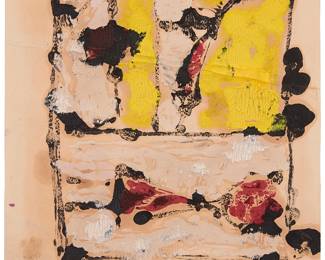 58
George Stillman
1921-1997
Untitled abstract, 1949
Oil monotype on rice paper laid to cardstock
Unsigned; dated on a gallery label affixed to the frame's backing board
Sheet: 18" H x 12" W
Estimate: $1,500 - $2,500