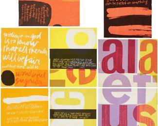 31
Mary (Sister) Corita Kent
1918-1986
"Words of Ugo Betti: Innocence and the Process of Justification in the Late Plays of Ugo Betti," 1965
The complete portfolio including eight screenprints in colors on 3M Art Fabric paper
Edition: 77/275
Each of the screenprints signed in the image in ink: Sister Mary Corita IHM [Immaculate Heart of Mary]; loose, as issued, presented together within the protective section at the back of the original bound portfolio with text quoting the plays of Ugo Betti, and an essay by Sister Marie Fleurettte IHM; signed in ink by both of the Sisters just mentioned, and also numbered in ink, all on the colophon page; Plantin Press, Los Angeles, prntr.; Immaculate Heart College Press, Los Angeles, CA, pub.; all of the loose prints and the bound text presented within the original, red cloth-covered boards
Image/Sheet of eight screenprints: 17" H x 13.25" W (or reverse)
Estimate: $3,000 - $4,000