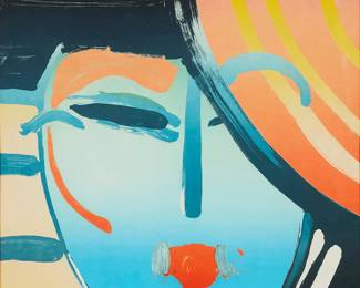 33
Peter Max
b. 1937
"Deco Lady," 1983
Lithograph in colors on paper
Edition: A/P (an artist's proof; there was also a numbered edition of 75)
Signed and dated lower right: Max / 1983; numbered in pencil and with the artist's copyright blindstamp lower left
Sight: 40" H x 29" W
Estimate: $800 - $1,200