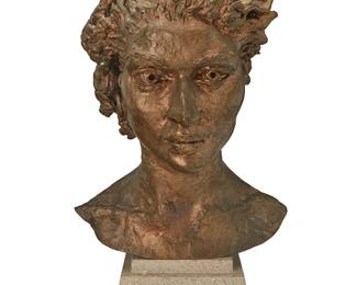 67
Sir Jacob Epstein
1880-1959
"Elsa"
Patinated bronze on stone plinth
Bronze unmarked; attributed and titled to label applied to plinth
Bronze: 15.75" H x 11.5" W x 11.25" D; Overall: 19.75" H
Estimate: $2,000 - $3,000