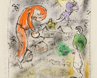 8
Marc Chagall
1887-1985
"Les Toits (Roofs)," 1956
Lithograph in colors on wove paper
Edition: 36/75 (there were also some artist's proofs)
Signed and numbered in pencil in the lower margin: Marc Chagall; Maeght, France, pub.
Image: 21.5" H x 17" W; Sheet: 26.25" H x 19.75" W
Estimate: $5,000 - $7,000