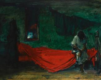 94
Sergei Bongart
1918-1985
Awakening figure in a green room, 1962
Oil on board
Signed and dated upper right: Sergei Bongart 1962; signed and dated again, and inscribed verso: "L.A."
30" H x 40" W
Estimate: $1,000 - $1,500