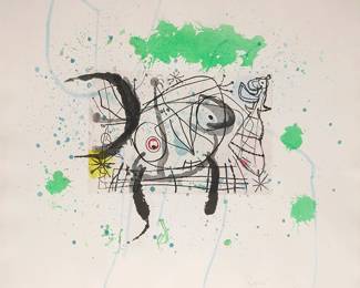 Joan Miró
1893-1983
One plate from "Fissures," 1969
Aquatint in colors on BFK Rives paper
From the edition of unknown size (aside from the numbered edition of 75 and 20 hors commerce in Roman numerals)
Signed in pencil lower right: Miró; Maeght Éditeur, Paris, pub.
Sheet: 19.25" H x 23" W
Estimate: $2,000 - $3,000