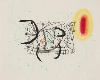 2
Joan Miró
1893-1983
One plate from "Fissures," 1969
Aquatint in colors on BFK Rives paper
From the edition of unknown size (aside from the numbered edition of 75 and 20 hors commerce in Roman numerals)
Signed in pencil lower right: Miró; Maeght Éditeur, Paris, pub.
Sheet: 19.25" H x 23" W
Estimate: $2,000 - $3,000