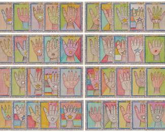 177
Frédéric Bruly Bouabre
1923-2014
"T'che la Palme de la main," 2007
Each: Ink, colored crayon, and pencil on heavy cardstock
Each signed and dated in ink, verso: FB Bouabre / 14-8-2007; titled and inscribed in French and in ink along each edge with the same inscription, except on each card, one word changes to represent a Nationality: "vue dans / L'Orient du ciel sud de la / terre [interchangeable Nationality] symbolisant ici l'innocence / de la saint humanité"; 40 pieces
Each sheet: 7.5" H x 6" W
Estimate: $1,000 - $2,000
