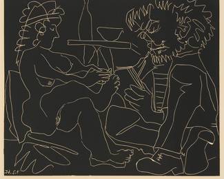 12
Pablo Picasso
1881-1973
"Peintre Dessinant et Modele nu au Chapeau," 1965
Linocut on Arches paper
Edition: HC (an "hors commerce" impression aside from the edition of 160 signed and numbered impressions plus 35 artist's proofs)
Signed and inscribed "HC" in pencil in the lower margin: Picasso
Image: 20.875" H x 25.125" W; Sheet: 24.625" H x 29.625" W
Estimate: $5,000 - $7,000
