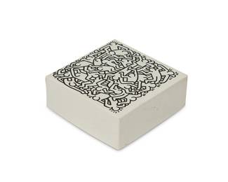 29
After Keith Haring
1958-1990
"Party of Life" Jigsaw Puzzle, 1987
Screenprint on 100 jigsaw puzzle pieces
Signed, dated, and inscribed to underside of box: [figural drawing] / K. Haring / 87
Box: 1.625" H x 4.125" W x 4.125" D; Assembled: 7" H x 7" W
Estimate: $1,000 - $1,500
