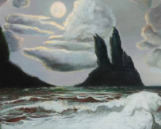 46
Claude Buck
1890-1974
"The Wave Spirit," 1939
Oil on board
Signed and dated lower right: Claude Buck / 1939; titled, dated again, and inscribed, all verso: "Background / changed from / original with / crescent moon / This is same painting"
30" H x 22" W
Estimate: $1,000 - $1,500