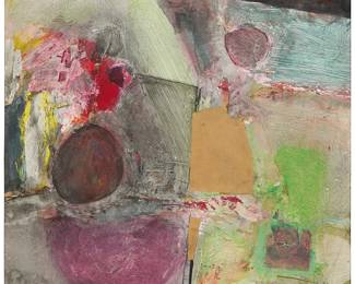 59
Raymond Parker
1922-1990
"Bright Grey," 1950
Oil and collage on paper
Signed and dated lower right: R. Parker 50; titled in pencil, verso
Sheet: 13.25" H x 11.25" W
Estimate: $2,000 - $3,000