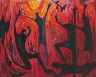 109
Samella Lewis
1923-2022
Dancing figures, 1968
Oil on canvas
Signed and dated lower left: S. Lewis / '68; signed again and inscribed "SUC-Plattsburgh, N.Y." on the stretcher bar; indistinctly signed again, inscribed and titled "And They Were ***" on a label affixed to the stretcher bar
40" H x 51.75" W
Estimate: $10,000 - $15,000
