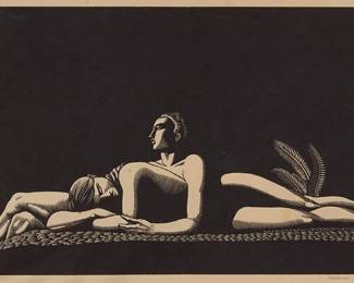 4
Rockwell Kent
1882-1971
"The Lovers," 1928
Wood engraving on light-tan imitation Japan paper
From the edition of 100 (there was also a posthumous edition printed in blue on white Arches paper)
Signed in pencil in the lower margin, at right, directly below the image: Rockwell Kent; E. Weyhe, Inc., NY, pub.
Image: 6.5" H x 10" W; Sheet: 12.125" H x 15" W
Estimate: $4,000 - $6,000