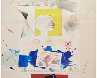 19
Raymond Saunders
b. 1934
"Profile in Time," 1982
Lithograph, screenprint, monoprint, and collage in colors on wove paper
Edition: CTP / 1 [color trial proof 1], aside from the edition of 75
The artist's name stamped in purple ink in the image at the lower right of center: Saunders, and again in the stone as part of the composition at center: Sssaunders; inscribed "CTP" and "1" in pencil along the lower sheet edge, at left; Trillium Graphics, Brisbane, CA, pub. and with their blindstamp
Image/Sheet: 29.125" H x 23.25" W
Estimate: $500 - $700