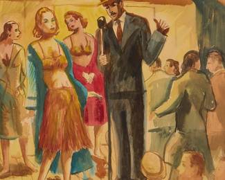 71
Earle Raine
1911-2005
"Hula Hooey," 1937
Watercolor, gouache, and traces of graphite on paper
Signed and dated lower right: Raine / 8-2-37; titled on a gallery label affixed to the frame's backing board
Sight: 18.5" H x 13" W
Estimate: $800 - $1,200