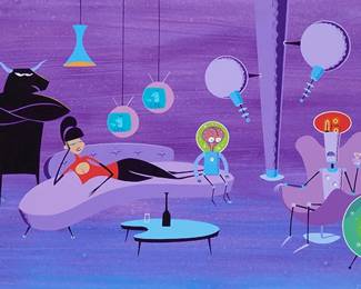 173
Josh Agle (aka SHAG)
b. 1962
"Paternity"
Acrylic on panel
Signed lower left: SHAG; titled by repute
24" H x 48" W
Estimate: $8,000 - $12,000