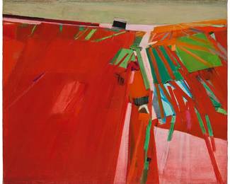 123
Raimonds Staprans
b. 1926
"Gray Sky, Black House," 1967
Oil on canvas laid to canvas
Signed and dated lower left: Staprans-67; titled in ink upper center stretcher, and again in red ink, both presumably in another hand, on a gallery label affixed to the upper stretcher
28" H x 34" W
Estimate: $20,000 - $30,000