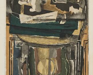 6
After Georges Braque
1882-1963
"Nature Morte," by Jacques Villon, 1922-23
Aquatint in colors on BFK Rives paper
Edition: 126/200
Signed and numbered in pencil in the lower margin: G. Braque; with the printed signature, date, and inscription in the plate, lower left: "gravé par Jacques Villon 1923;" Jacques Villon, prntr.; Galerie Bernheim-Jeune, Paris, pub.
Plate: 23.25" H x 8.625" W; Sheet: 25" H x 14" W
Estimate: $1,500 - $2,500