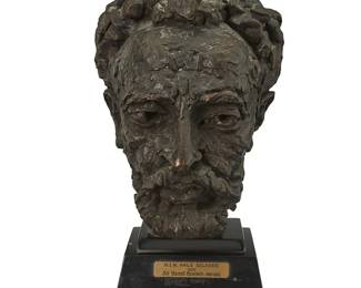 68
Sir Jacob Epstein
1880-1959
"H.I.M. Haile Selassie," 1936
Patinated bronze on composite plinth
Bronze unmarked; attributed, titled, and dated to metal plaque applied to plinth
Bronze: 11.5" H x 8" W x 9.125" D; Overall: 14.25" H
Estimate: $2,000 - $3,000