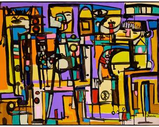 104
Kenneth Joaquin
b. 1948
"Frenzy"
Oil on canvas
Signed lower right: Joaquin; signed again and titled on the inner portion of the stretcher bar
30" H x 40" W
Estimate: $700 - $900