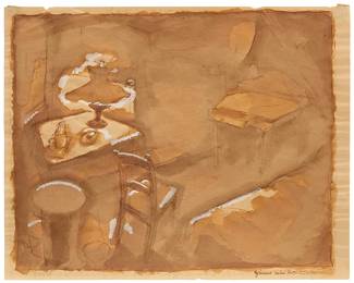 90
George Grosz
1893-1959
"Zimmer Einer Prostituierten" (Room of a Prostitute), 1914
Watercolor, ink, and white heightening on laid paper, watermark Erclass Schreibmaschinen Papier
Signed in pencil along the lower sheet edge, at left: Grosz, titled in ink along the lower sheet edge, at right; titled again and dated in another hand on a remnant of old cardboard
Image: 8.5" H x 10.75" W; Sheet: 8.75" H x 11.25" W
Estimate: $2,000 - $3,000
