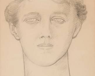 69
Sir Jacob Epstein
1880-1959
"Study for a bust of Mrs. Francis Dodd"
Graphite on paper
Signed and titled in pencil, verso: Jacob Epstein
Sight: 16" H x 12" W
Estimate: $700 - $900