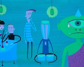 175
Josh Agle (aka SHAG)
b. 1962
"Cyclops at the Beat Club"
Acrylic on panel
Signed lower left: SHAG
15" H x 24" W
Estimate: $5,000 - $7,000