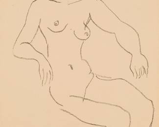 3
Henri Matisse
1869-1954
"Nu assis, Chevelure foncée," 1922
Lithograph on Japan paper
Edition: 40/50 (there were also 10 artist's proofs)
Signed and numbered in ink along the lower margin edge, at left: Henri Matisse
Image: 15" H x 9.5" W; Sheet: 17.375" H x 11.125" W
Estimate: $4,000 - $6,000