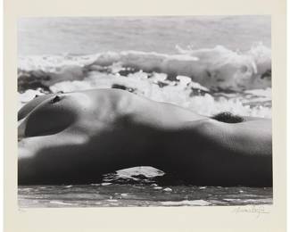 44
Lucien Clergue
1934-2014
"Nu à la Plage"
Gelatin silver print on paper mounted to paper, as issued
Edition: 18/50
Signed and numbered in pencil in the lower portion of the paper mount, directly below the image at right and left, respectively: Lucien Clergue
Image/Sheet: 11.625" H x 15.5" W; Paper mount: 14.25" H x 17.375" W
Estimate: $700 - $900