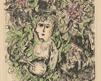 14
Marc Chagall
1887-1985
"Jour de mai (Day in May)," 1972
Lithograph in colors on Arches paper
Edition: 20/50 (there were also some artist's proofs)
Signed and numbered in pencil in the lower margin: Marc Chagall
Image: 24.875" H x 15" W; Sheet: 30" H x 20.5" W
Estimate: $5,000 - $7,000