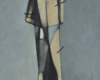 76
Duilio (Dubè) Barnabè
1914-1961
St. Sebastian, 1953
Oil on canvas
Signed lower right: Barnabè; with the incised signature and number 64 in a circle, both possibly in another hand, on the central stretcher bar, verso; dated by repute
21" H x 13.75" W
Estimate: $4,000 - $6,000