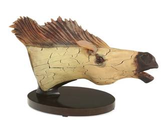 157
David Bennett
b. 1941
Horse head
Pigmented glass on a metal base
Signed below the mane: David Bennett
Together with an associated DVD
Overall: 18" H x 30.75" W x 12.625" D
Estimate: $1,500 - $2,000