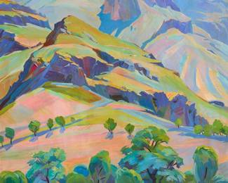 49
Mher Abeghyan
1909-1994
"Green Mountains," 1969
Oil on canvas
Signed in Armenian and dated lower left: M. Abeghyan 1969; signed and dated again, and titled, all in Russian, verso
32.5" H x 24.25" W
Estimate: $3,000 - $5,000