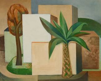92
John Charles Haley
1905-1991
Untitled (buildings with palm tree), circa 1960
Oil on canvas stapled to a backing board
Appears unsigned; titled and dated on a gallery label affixed to the frame's backing paper
Overall: 16.5" H x 22" W
Estimate: $4,000 - $6,000