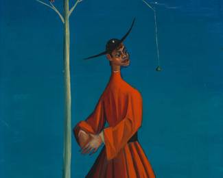 81
Carlo Canevari
1922-1996
Cardinal and a demon in a tree
Oil on panel
Signed with the artist's pseudonym lower right: Pucci
15.75" H x 9.75" W
Estimate: $800 - $1,200