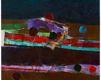 98
John Saccaro
1913-1981
"Belle Sortie," 1979
Oil on canvas
Unsigned; titled, dated, and inscribed on the upper stretcher bar: Oct. 31 / '79
30" H x 30" W
Estimate: $2,000 - $3,000