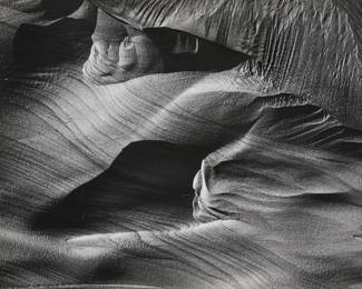 43
Brett Weston
1911-1993
"Dunes, Baja," 1968
Gelatin silver print on paper mounted to mat board, as issued
Signed and dated in pencil along the lower edge, at right, of the matboard: Brett Weston 1968
Image/Sheet: 7.625" H x 9.625" W; Matboard: 13.25" H x 15" W
Estimate: $1,000 - $1,500