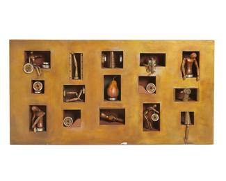 156
Lee Silton
1931-2016
"Man Machine"
Mixed media in painted wood shadow box
Appears unsigned
24" H x 48" W x 7.5" D
Estimate: $1,000 - $2,000