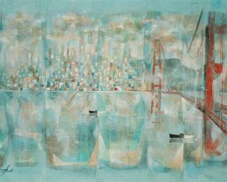 48
Raymond Howell
1927-2002
San Francisco skyline with the Golden Gate Bridge
Oil on Masonite
Signed lower left: Raymond Howell
24" H x 36" W
Estimate: $2,000 - $3,000