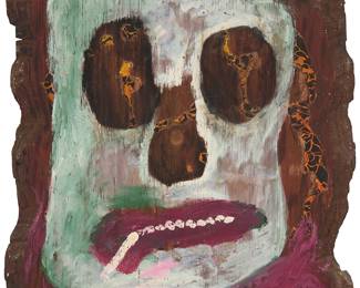 115
Jon Serl
1894-1993
Face, circa 1970s
Oil and collage on reclaimed wood
Signed lower right: Jon; inscribed "N5" in another hand on the verso
23.5" H x 20.5" W (irreg.)
Estimate: $700 - $1,000