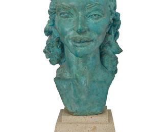 66
Sir Jacob Epstein
1880-1959
"Lady Madeleine Lytton"
Verdigris patinated bronze on stone plinth
Bronze unmarked; attributed and titled to label applied to plinth
Bronze: 15.25" H x 9" W x 10.5" D; Overall: 19.5" H
Estimate: $3,000 - $5,000