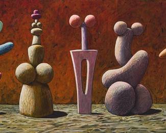 128
Michael Bedard
b. 1949
"5 Shapes"
Acrylic on canvas
Signed lower right: Bedard; titled and inscribed "#6" in pencil, possibly in the artist's hand, on the frame's backing paper
18" H x 36" W
Estimate: $1,000 - $1,500