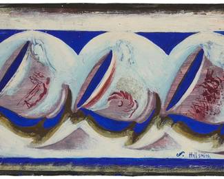72
Fannie Hillsmith
1911-2007
"Tea Cups," 1955
Oil, tempera, and sand on Masonite
Signed lower right: f. Hillsmith; signed again and titled verso; titled again and dated on a label affixed verso
7.75" H x 12" W
Estimate: $1,000 - $1,500