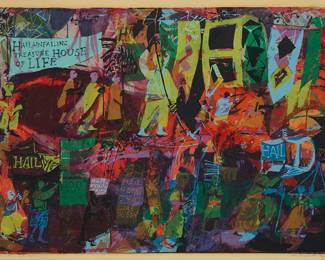 32
Mary (Sister) Corita Kent
1918-1986
"All The Nations Shall Come," 1955
Screenprint in colors on paper
From the edition of unknown size
Signed and titled in pencil in the lower margin: Sister Mary Corita IHM [Immaculate Heart of Mary]; titled in another hand on the frame's backing paper
Image: 15.5" H x 21.5" W; Sight: 16.5" H x 22.5" W
Estimate: $600 - $800
