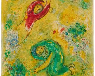9
Marc Chagall
1887-1985
"The Trampled Flowers" from "Daphnis and Chloe," 1961
Lithograph in colors on wove paper
From the edition of 250 (there were also 60 signed and numbered impressions with margins)
Unsigned, as issued; Verve, Paris, pub.
Image/Sheet: 16.5" H x 12.625" W
Estimate: $2,000 - $3,000