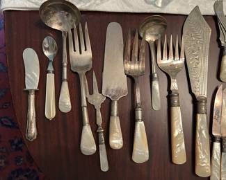 mother of pearl handled fish serving pieces and others
