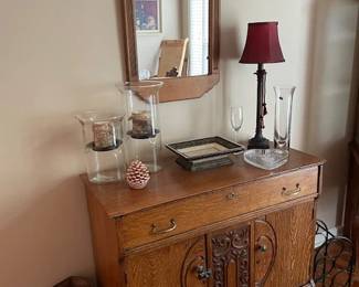 Furniture: Beautiful Antique Tiger Oak Cabinet plus Table Lamp, Wall Mirror, Candle Holders and more!