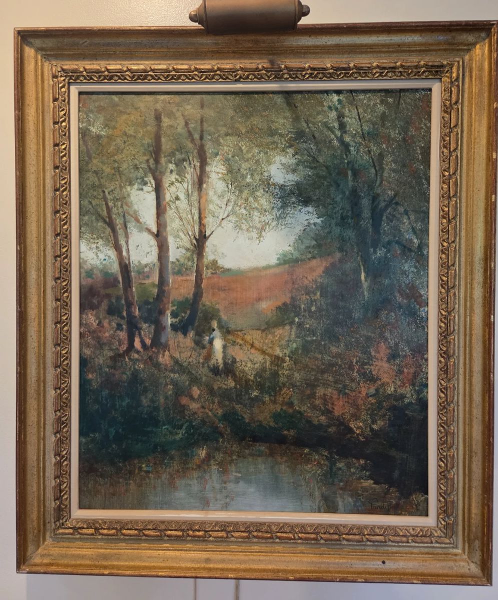 Donald Purdy. Oil painting. Woman by stream in forest.