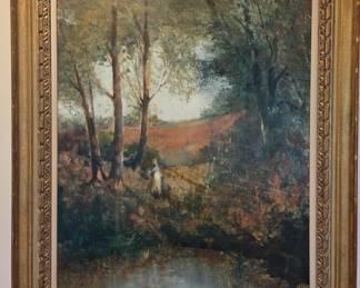 Donald Purdy. Oil painting. Woman by stream in forest.