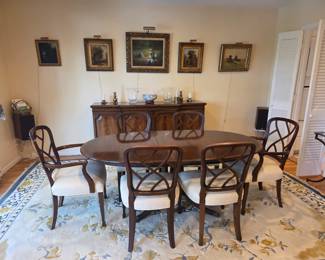 Exceptional Old Colony double pedestal dining room set. Banded inlayed edge, brass paw feet, set of six dining chairs including two arms and six sides. Two leaves and pads. Great condition.