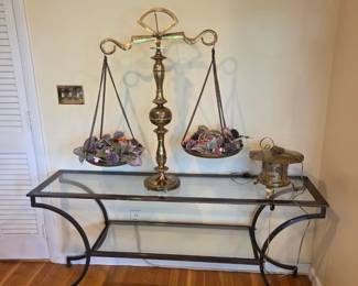 Great Brass table with glass top and shelf